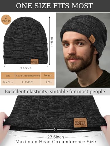 Senker Fashion 2 Pcs Winter Slouchy Beanie Hats for Men, Warm Mens Beanies - color: Black Grey