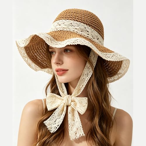 Women's Wide Brim Straw Sun Hat Beach Travel Bucket Hat Packable - color: Khaki