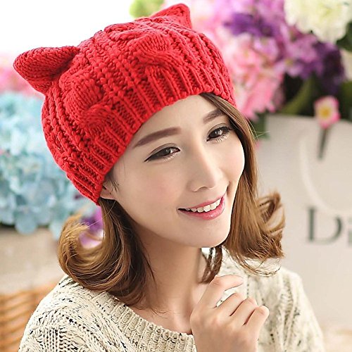 Women Winter Wool Baggy Beret Beanie Cute Devil Cat Ear Crochet Braided Knit Hat Ski Cap - color: Red