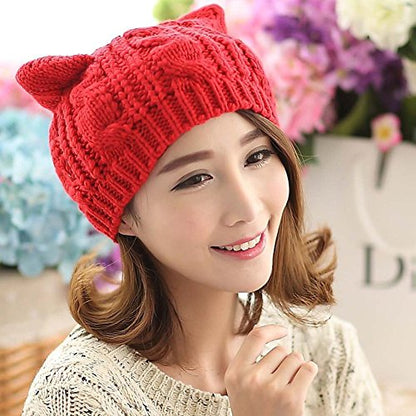 Women Winter Wool Baggy Beret Beanie Cute Devil Cat Ear Crochet Braided Knit Hat Ski Cap - color: Red