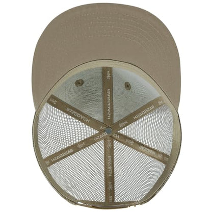 BASSDASH Flat Brim Trucker Cap Adjustable Snapback Hat Mesh Back for Men Women - color: Khaki Camping
