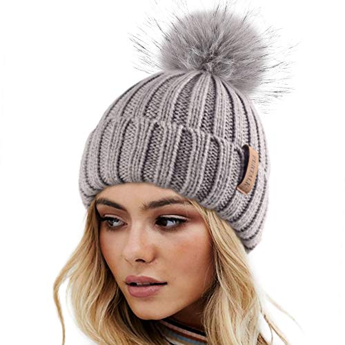 FURTALK Womens Winter Knitted Beanie Hat with Faux Fur Pom Warm Knit Skull Cap Beanie for Women - color: Fog Gray