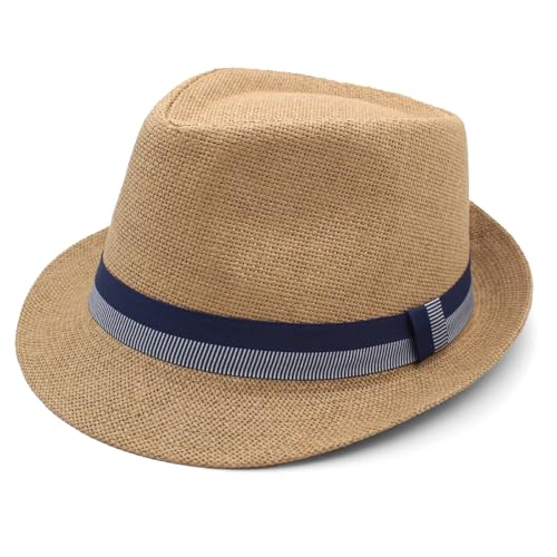 LIDHAY Short Brim Panama Hat Straw Fedora Hats for Men Women Summer Derby Trilby Hats Beach Sun Hat - color: Khaki