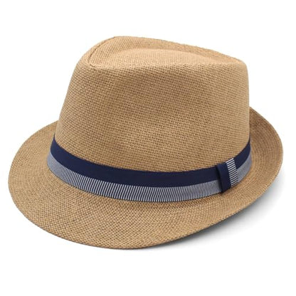 LIDHAY Short Brim Panama Hat Straw Fedora Hats for Men Women Summer Derby Trilby Hats Beach Sun Hat - color: Khaki
