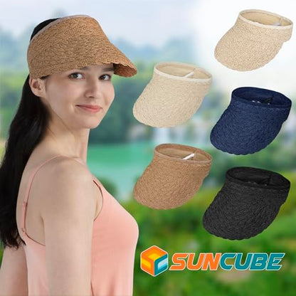 SUN CUBE Women Sun Visor Hat, Straw Beach Hat Wide Brim UV Protection, Foldable Packable Cap, Roll Up Ponytail Summer Visor - color: Beige