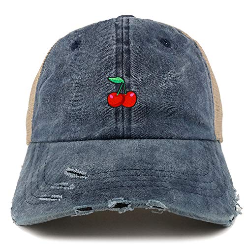Trendy Apparel Shop Cherry Patch Pigment Dyed Mesh Back Frayed Bill Trucker Cap - color: Navy