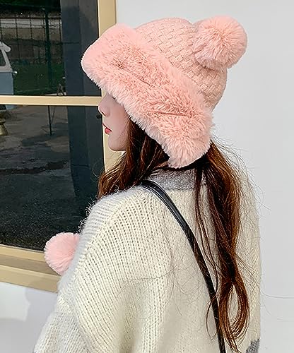 Winter Pompom Beanie Hats Women Knit Womens Beanie Faux Fur Crochet Skull Cap Warm Bucket Outdoor Ear Cover - color: Pink