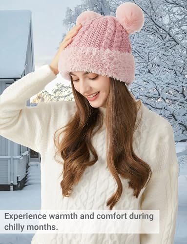 FEOYA Womens Knit Winter Beanie Hat with Faux Fur Pompom Fuzzy Cute Knit Fleece Lined Skull Cap - color: Pink