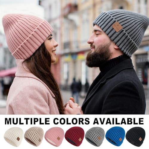 HONGTEYA 3 Pack Winter Beanie for Men Women, Thicken Thermal Plush Lined Beanie Fashion Warm Knit Hat for Cold Weather - color: Gray+white+pink