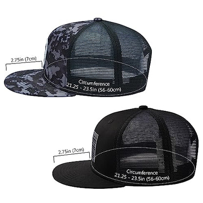 BASSDASH 2 Pack Flat Brim Trucker Cap Adjustable Snapback Hat Mesh Back for Men Women Fishing Hunting - color: Pack of 2,night Digital Camo & Black/Fish Flag