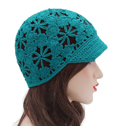 ZLYC Women Summer Slouchy Crochet Hat Handmade Cutout Skull Cap with Visor - color: Plain Peacock Blue, size: One Size