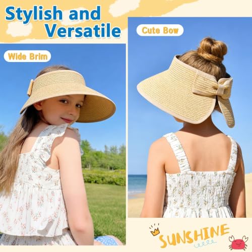 ZOORON Girls Straw Sun Visor Hat, Wide Brim Ponytail Beach Hat with Bow - color: Beige