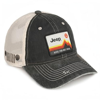 Jeep Have Fun Out There Patch Garment Washed Trucker Hat Unstructured for Men & Women - Adjustable Snapback Baseball Cap - color: Black