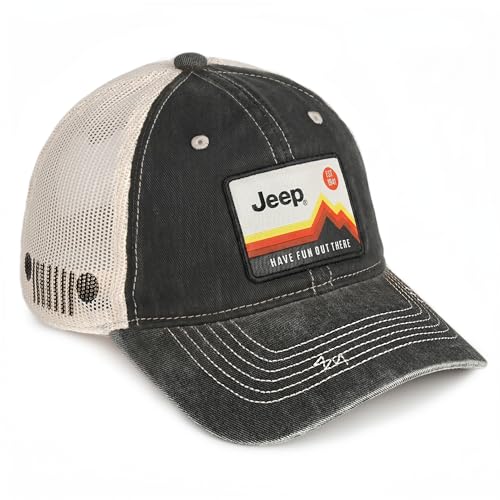 Jeep Have Fun Out There Patch Garment Washed Trucker Hat Unstructured for Men & Women - Adjustable Snapback Baseball Cap - color: Black