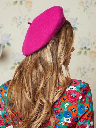 Women French Wool Beret Hats - Solid Color Classic Beanie Winter Cap - color: Rose