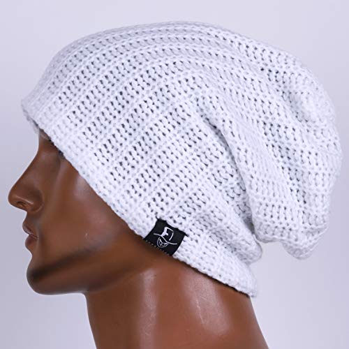 VECRY Mens Slouchy Beanie Knit Skull Cap Long Baggy Hip-hop Winter Summer Hat B305 - color: Ribbed-white, size: Large