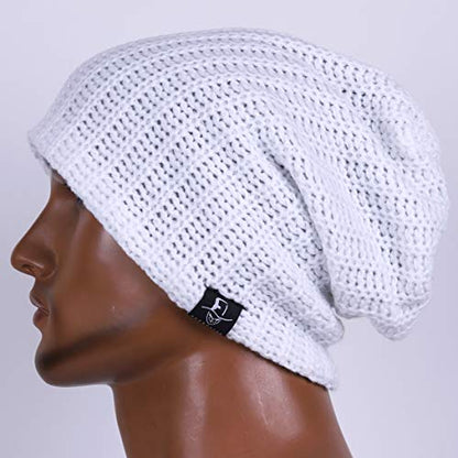 VECRY Mens Slouchy Beanie Knit Skull Cap Long Baggy Hip-hop Winter Summer Hat B305 - color: Ribbed-white, size: Large