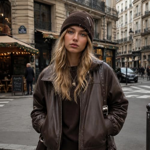 Distressed Ring Beanie Hat for Women Men Slouchy Skull Cap - color: Coffee