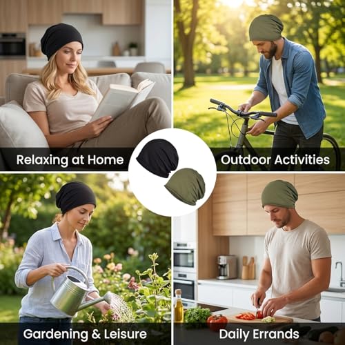 Summer Beanie for Men, 2PCS Lightweight Cotton Summer Hats for Women Men, Breathable Headwear for Outdoor Activities and Sensitive Scalp, Chemo Skull Cap Baggy Headwear Black