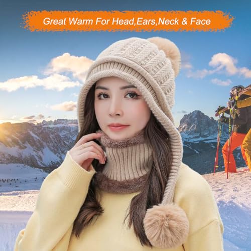 HUAMULAN Women Winter Knit Beanie Hat Circle Scarf Set Pompoms Ear Flaps - color: Khaki Solid