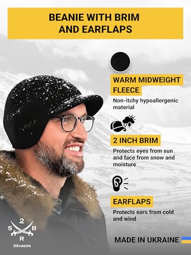 2SBR 2SABERS Fleece Winter Beanie with Visor - Men Women - Earflap Brim Skull Watch Cap Hat - color: Black, size: Small