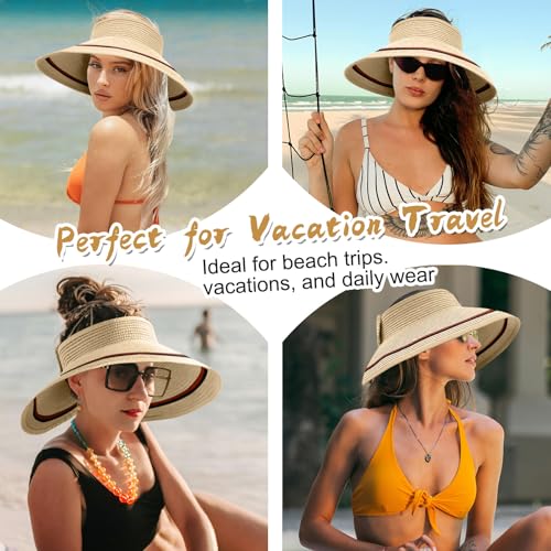 Women's Sun Visor Hats Wide Brim Straw Beach Hat Ponytail Hats for Women Foldable Floppy - color: 1pack-beige/Redstripe