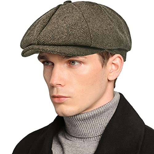 Mens Newsboy Cap High Woolen Tweed Gatsby Hat Ivy Cabbie Flat Golf Cap for Fathers Women Unisex - color: Herringbone Khaki, size: 7 1/8-7 1/4