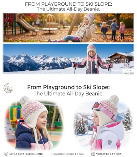 Moon Kitty Girls Knit Hats Winter Fleece Lining Skiing Winter Caps with Warm Ear Flap - color: Beige, size: 3-5T