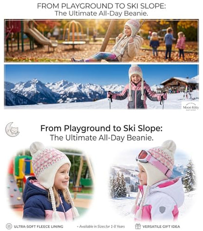 Moon Kitty Girls Knit Hats Winter Fleece Lining Skiing Winter Caps with Warm Ear Flap - color: Beige, size: 1-3T