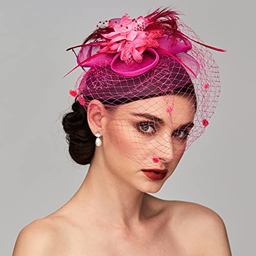 Tea Party Hat Fascinators Hats for Women Vintage Lace Mesh Floral Feather Hair Clip Headband with Veil for Church Wedding - color: Fuchsia