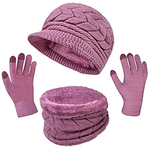 Loritta 3 in 1 Womens Winter Hat Gloves Scarf Set, Warm Hat Mittens - color: Purple