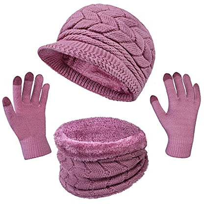 Loritta 3 in 1 Womens Winter Hat Gloves Scarf Set, Warm Hat Mittens - color: Purple
