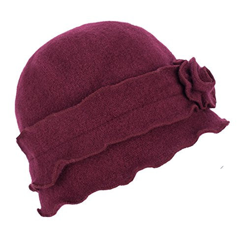 Womens Gatsby 1920s Winter Wool Cap Beret Beanie Crochet Bucket Flower Hat A285 - color: Wine