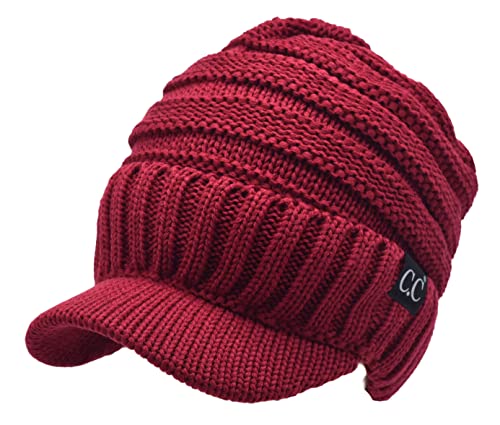 C.C Trendy Warm Oversized Chunky Soft Oversized Ribbed Slouchy Knit Hat with Visor Brim - color: Burgundy
