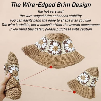 Floppy Big Beach Straw Hats for Women Foldable Summer Wide Brim Packable Sun Hat Womens Travel Straw Fedora Hat - color: Floral-3