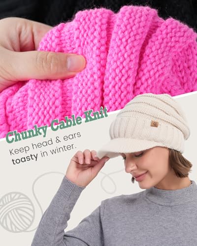 Women Men Winter Beanie Hat with Visor, Warm Fleece Lined Beanie Cap, Thick Knit Cap Slouchy Hat with Brim - color: Pink
