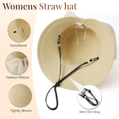Pleneal Sun Hats for Women Straw Beach Hat Foldable Bowknot Summer Hat - color: Khaki With Beige Ribbon
