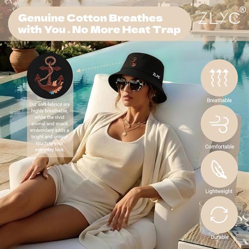 ZLYC Cotton Bucket Hat for Women Men Embroidered Packable Summer Sun Cap - color: Anchor Black
