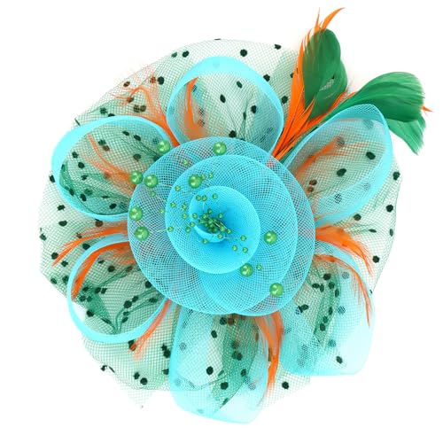 Womens Fascinators Hats and Gloves Set Short Lace Gloves Tea Party Flower Mesh Hair Clips - color: Green Lake