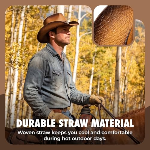 grinderPUNCH Straw Cowboy Hat for Men Women Western Cowgirl Outback Sun Hat - color: Burnished Pecan