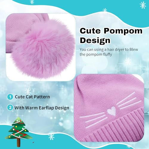 Girls Beanie Knit Hat with Ear Flaps Rainbow Cat Hats Toddler Kids Winter Outdoor Skull Snow Ski Cap Age 2-10 - color: Purple, size: 2-4T
