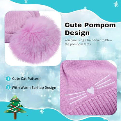 Girls Beanie Knit Hat with Ear Flaps Rainbow Cat Hats Toddler Kids Winter Outdoor Skull Snow Ski Cap Age 2-10 - color: Purple, size: 2-4T
