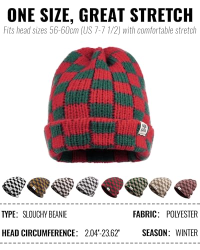 CLAPE Womens Cute Slouchy Beanies Hats, Winter Warm Chunky Checkered Beanie Large Cuff Knitted Hat Ski Cap for Cold Weather - color: Kh56-black-white