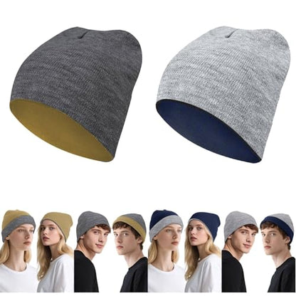 ZOORON Reversible Skull Caps for Men Women Reversible Beanie with -Double Side Warm Winter Fisherman Beanie - color: A-2pack-grey/Beige+lightgrey/Navy