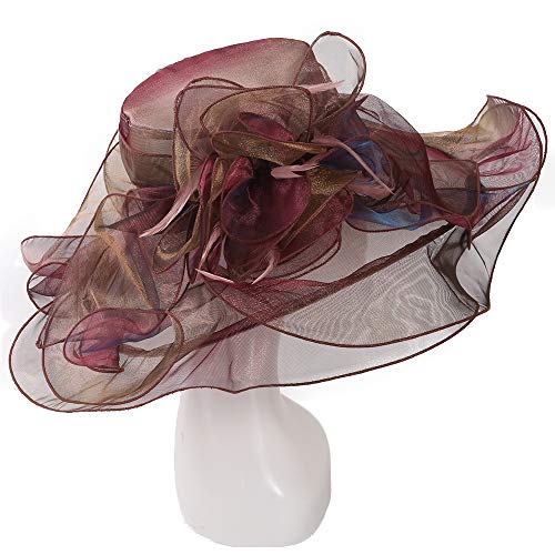 Women Oganza Sun Hat Church Wide Brim Wedding Formal Fascinator Hat - color: Reddish Brown