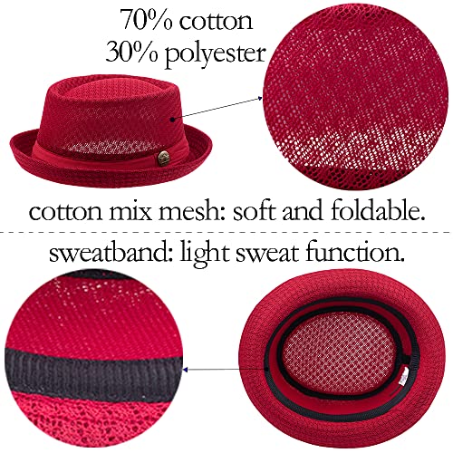 Straw Mesh Pork Pie Hat,Men Summer Fedora,Lightweight Bowler Flat Top - color: White+black+red+navy Blue+drak Grey+coffee