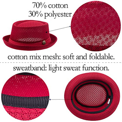 Straw Mesh Pork Pie Hat,Men Summer Fedora,Lightweight Bowler Flat Top - color: White+black+red+navy Blue+drak Grey+coffee