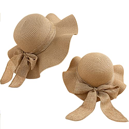 2 PCS Parent-Child Straw Hat Wide Brim Bowknot Cap Beach Sun Hat for Girls Women - color: Wave Brown