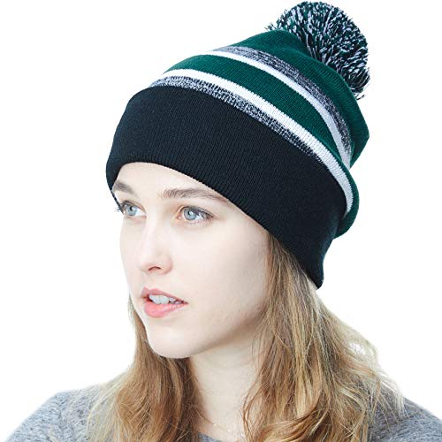 Winter Knit Beanie Hat with Pom Pom – Warm Cuffed Slouch Ski Cap for Men & Women - color: 1.black and D.green With Pom