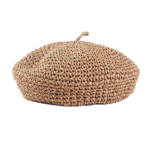 Straw Beret Summer French Beret Hats for Women Artist Crochet Beret - color: Khaki